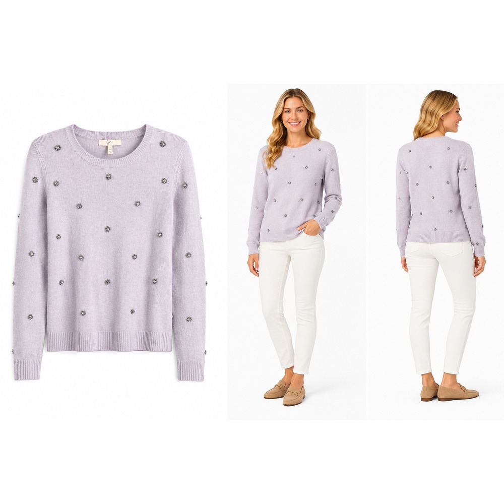 Joie Sweater‎ XS Lavender Crystal Preppy Floral Embellished Crewneck Long Sleeve